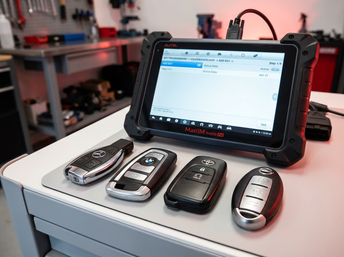 Advanced automotive OBD2 diagnostic tablet and smart proximity car key fobs