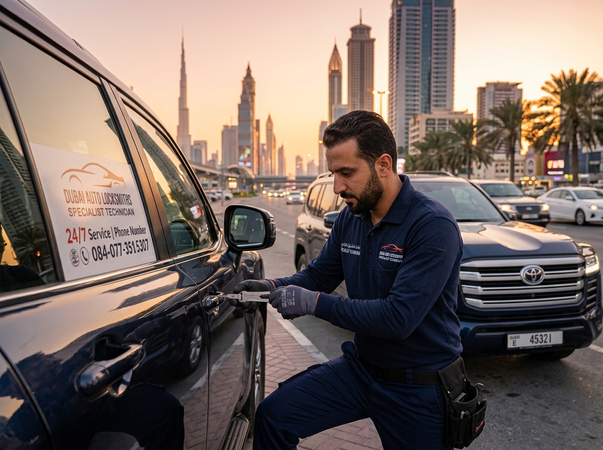 24/7 Mobile locksmith technician unlocking car door in Dubai