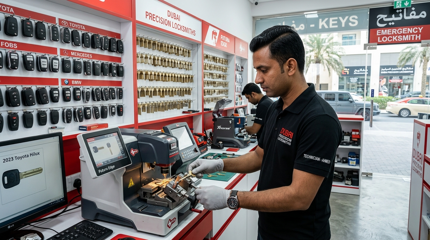 Ali Obaid Saleem Key Shop workshop with computerized laser key cutting machines in Dubai